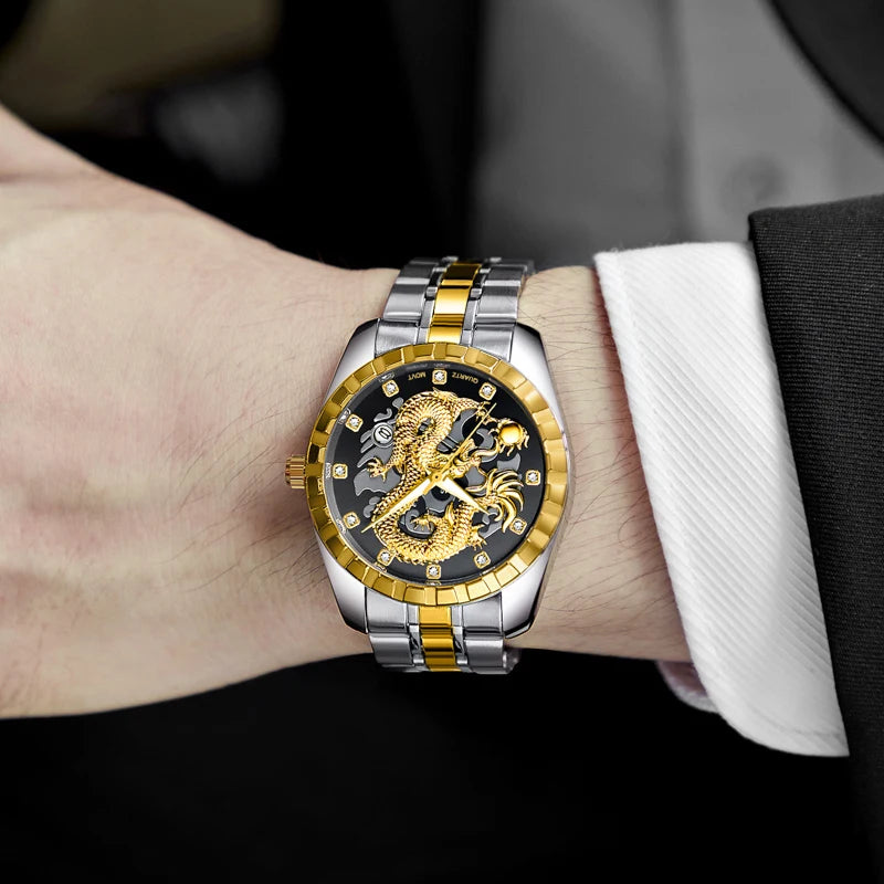 WLISTH 3D Golden Dragon Quartz Watch – Bold Dragon Dial, Stainless Steel Case, Water-Resistant & Luminous – Impossible to Miss