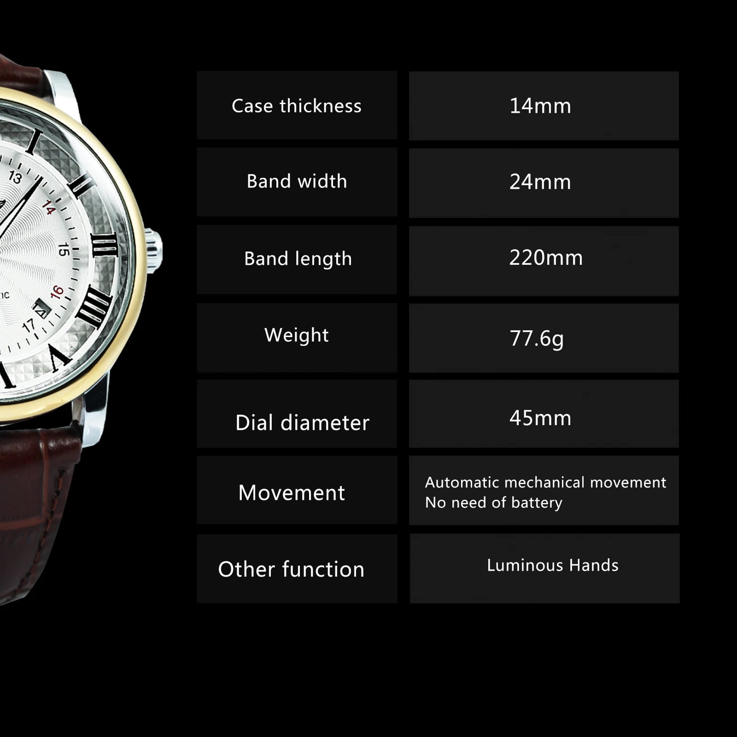 Classic Airship Style Automatic Fashion Watch — Brown Leather Strap, Minimalist Dial