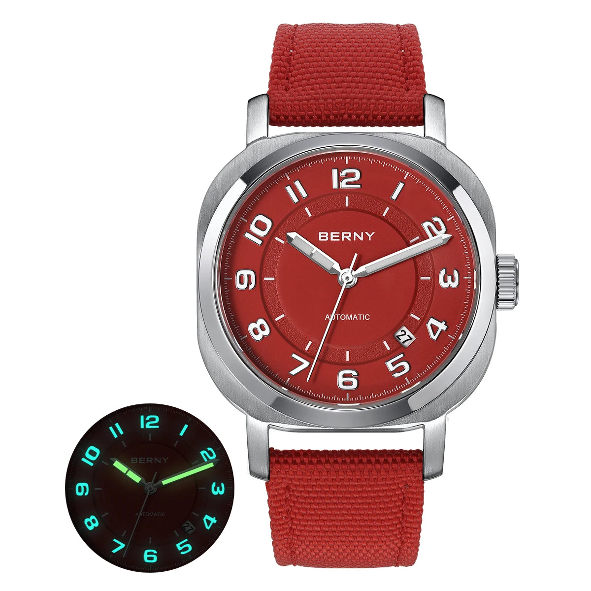 Head Turning BERNY Automatic — Women's Pillow Cushion Watch, Automatic Movement, Sapphire, Canvas Strap