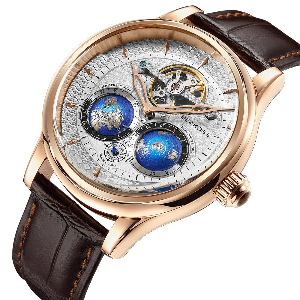 SEAKOSS Pilot Watch — Double Earth Rotating Automatic, Effortlessly Eye-Catching with Leather Strap [Colour Options]