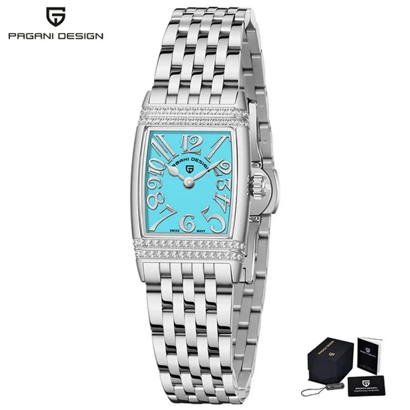 Stunning Pagani Design PD-1737L — Women's Rectangle Watch, Stone-Set Case, Swiss Ronda Movement [Rose Gold / Silver Colour Options]