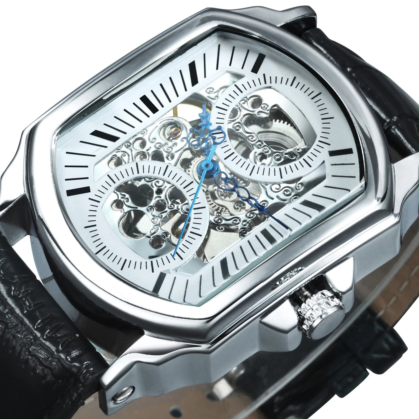 Bold Rectangle Skeleton Automatic Watch — Exhibition Case Back, Silver & White Dial