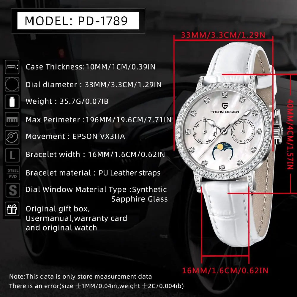 Stunning Pagani Design PD-1789 — Women's Watch, Genuine Mother-of-Pearl Dial & Moon Phase