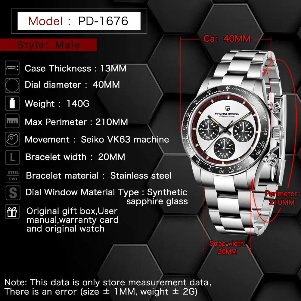 Iconic Racing Looks — PAGANI DESIGN PD-1676 Ceramic Bezel Chronograph, Panda Dial, Sapphire Crystal