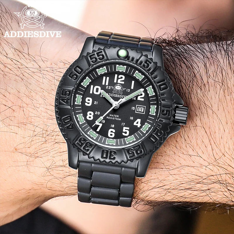 Tough as They Come — ADDIESDIVE MY-050S Military Sport Watch, Tube Luminous Markers, 50M Water Resistant