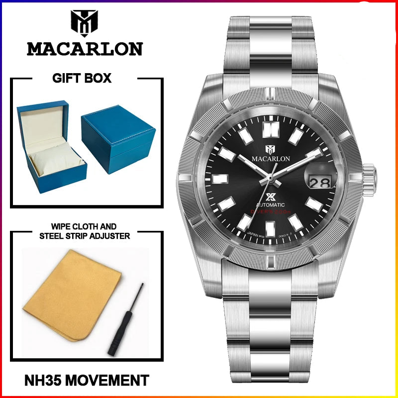 MACARLON 38mm Automatic Watch, Sapphire Crystal, Steel Bracelet, 200m Water Resistant