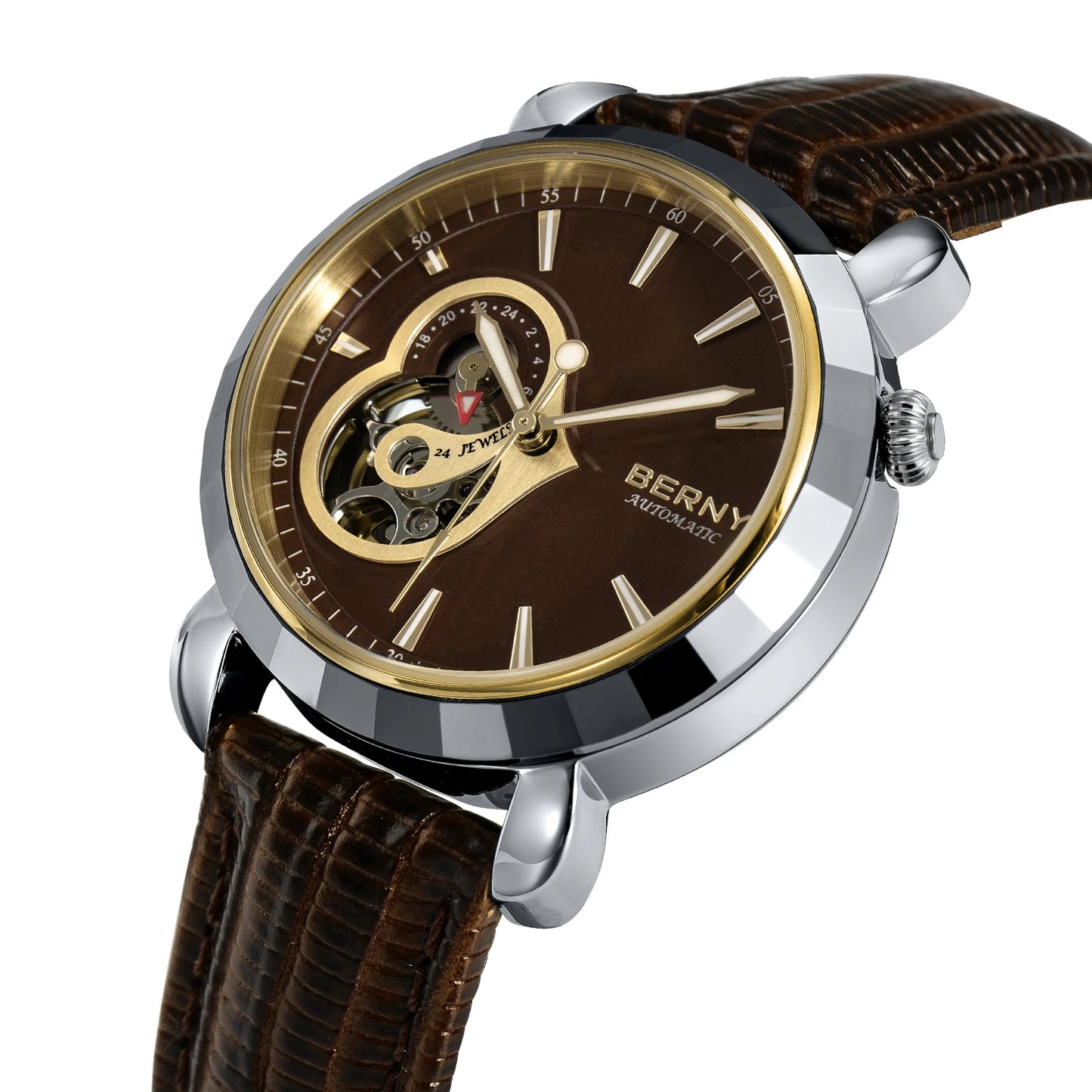 Beautiful BERNY AM107L — Women's Open Heart Automatic Watch, 24 Jewels, Genuine Leather Strap, Sapphire
