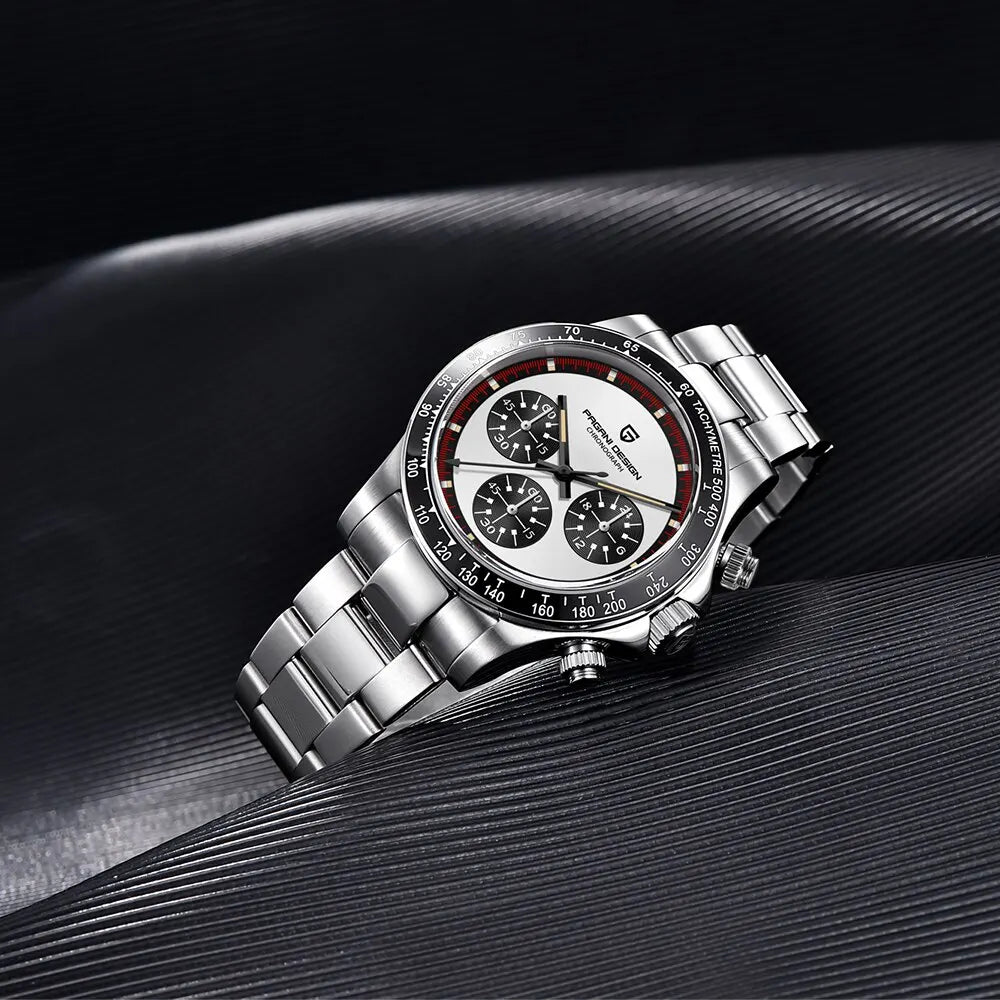 Iconic Racing Looks — PAGANI DESIGN PD-1676 Ceramic Bezel Chronograph, Panda Dial, Sapphire Crystal