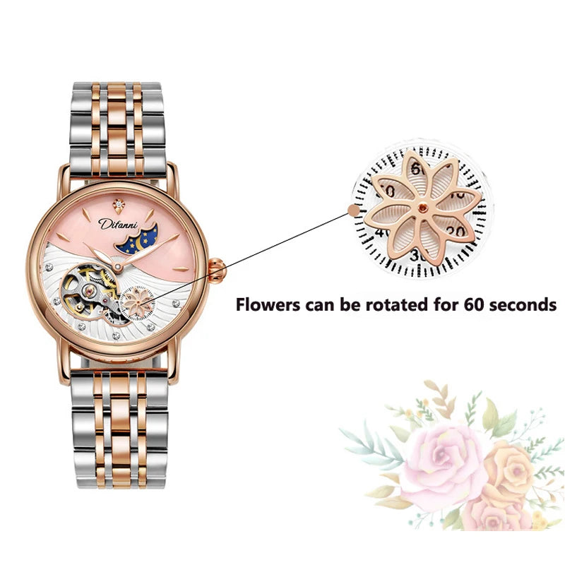 Enchanting Moon Phase Automatic Watch — Open Case Back, Stainless Steel, Ladies Mechanical Watch [Metal & Leather Strap Options]