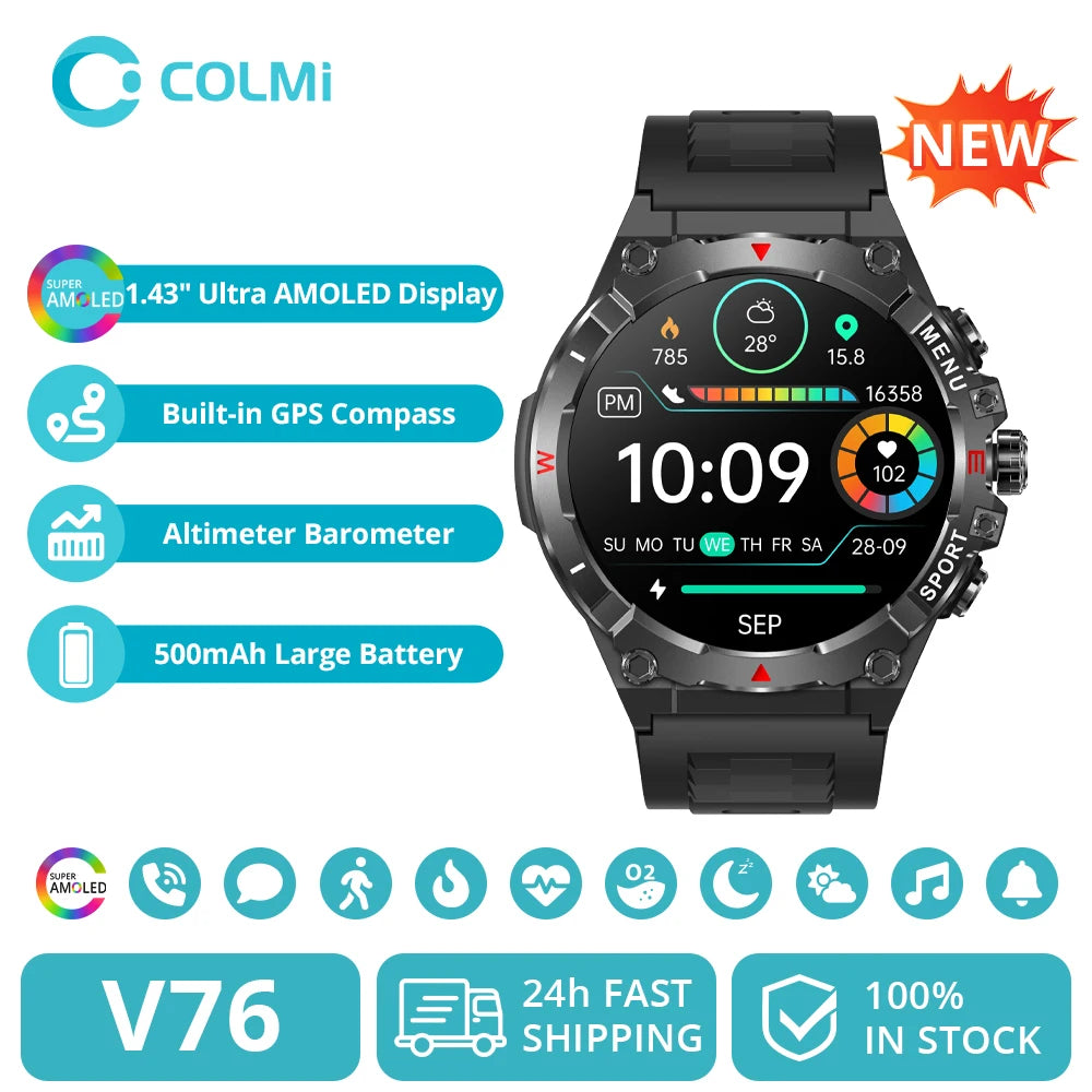High Specifications COLMI GPS Smartwatch — Built-In GPS, AMOLED Display, Compass