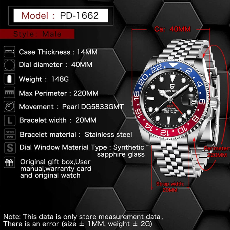 Pagani Design PD-1662 — GMT Automatic Watch, Ceramic Bezel, Sapphire 100M [Multiple Colour & Left-Hand Wear Options]