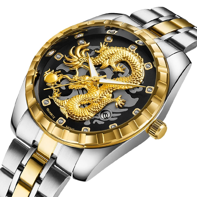 WLISTH 3D Golden Dragon Quartz Watch – Bold Dragon Dial, Stainless Steel Case, Water-Resistant & Luminous – Impossible to Miss