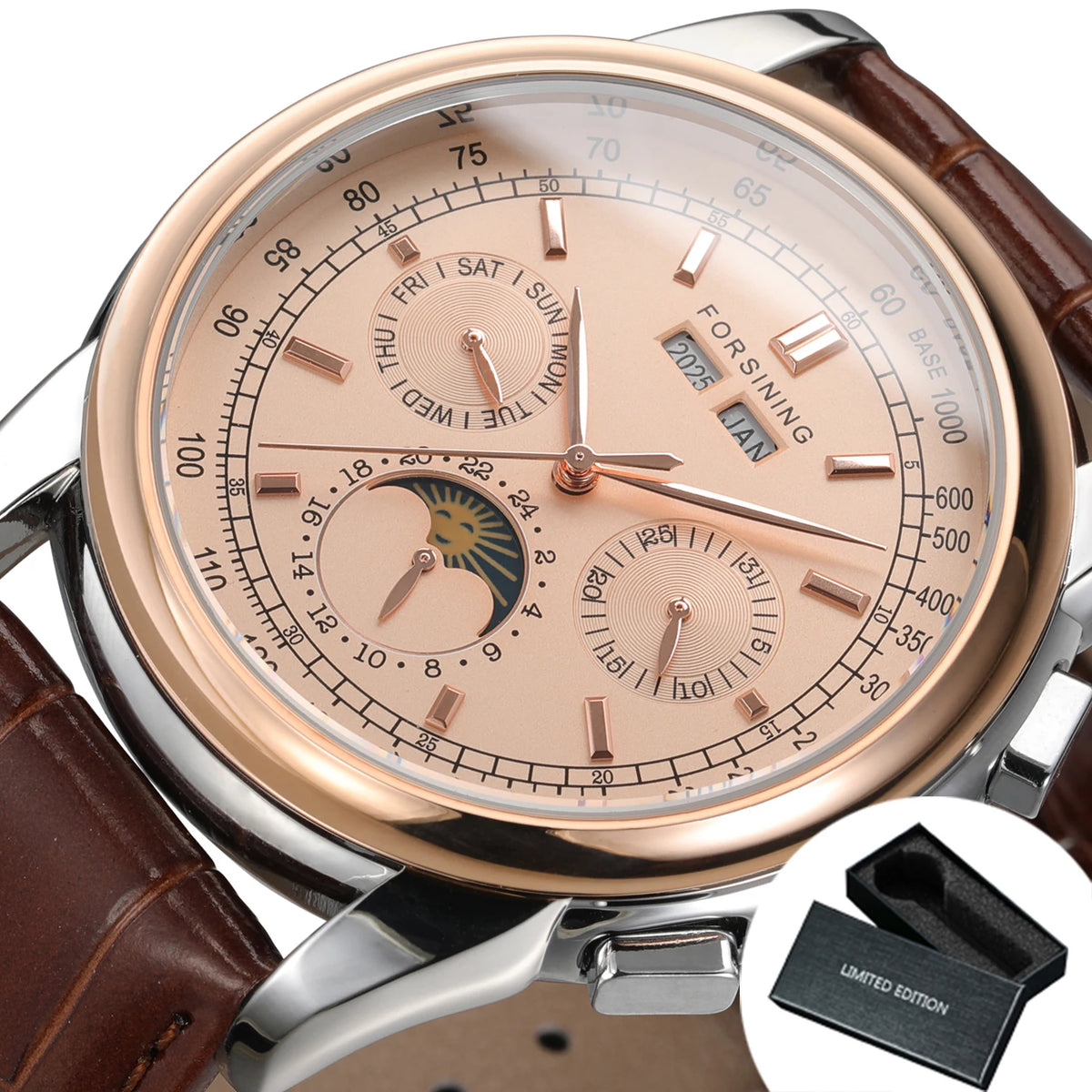 Forsining FS 177 — Retro Moon Phase Automatic Watch, Rose Gold Case, Brown Leather Strap, Self-Winding Movement