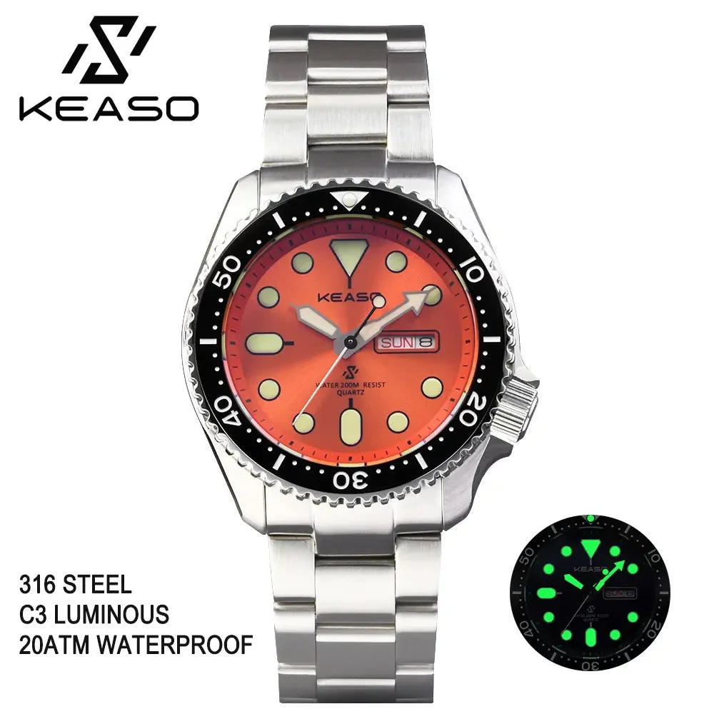 Beautiful KEASO Tribute Dive Watch with high specs — 200M, Sapphire, MIYOTA 2035 Quartz, Bright Bold Dial Options