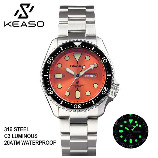 Beautiful KEASO Tribute Dive Watch with high specs — 200M, Sapphire, MIYOTA 2035 Quartz, Bright Bold Dial Options
