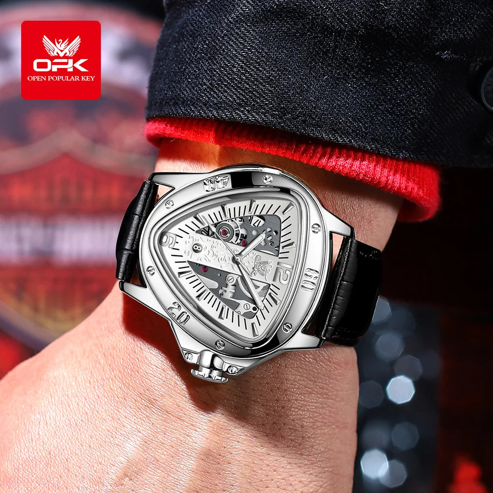 OPK Mens — Alien Style Triangle Case Watch, Bold Large Dial, Complete Calendar [Colour Options]