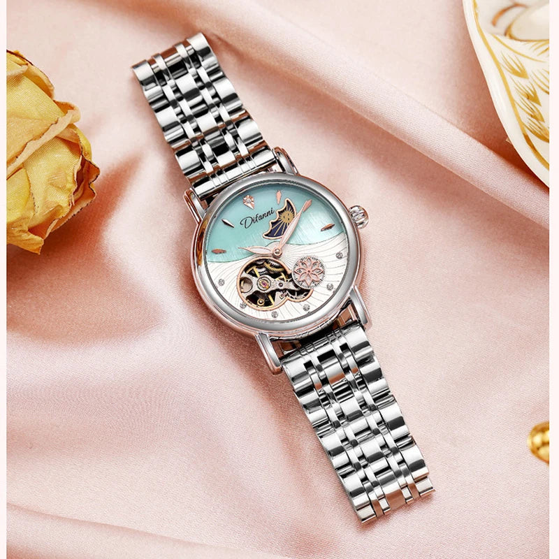 Enchanting Moon Phase Automatic Watch — Open Case Back, Stainless Steel, Ladies Mechanical Watch [Metal & Leather Strap Options]