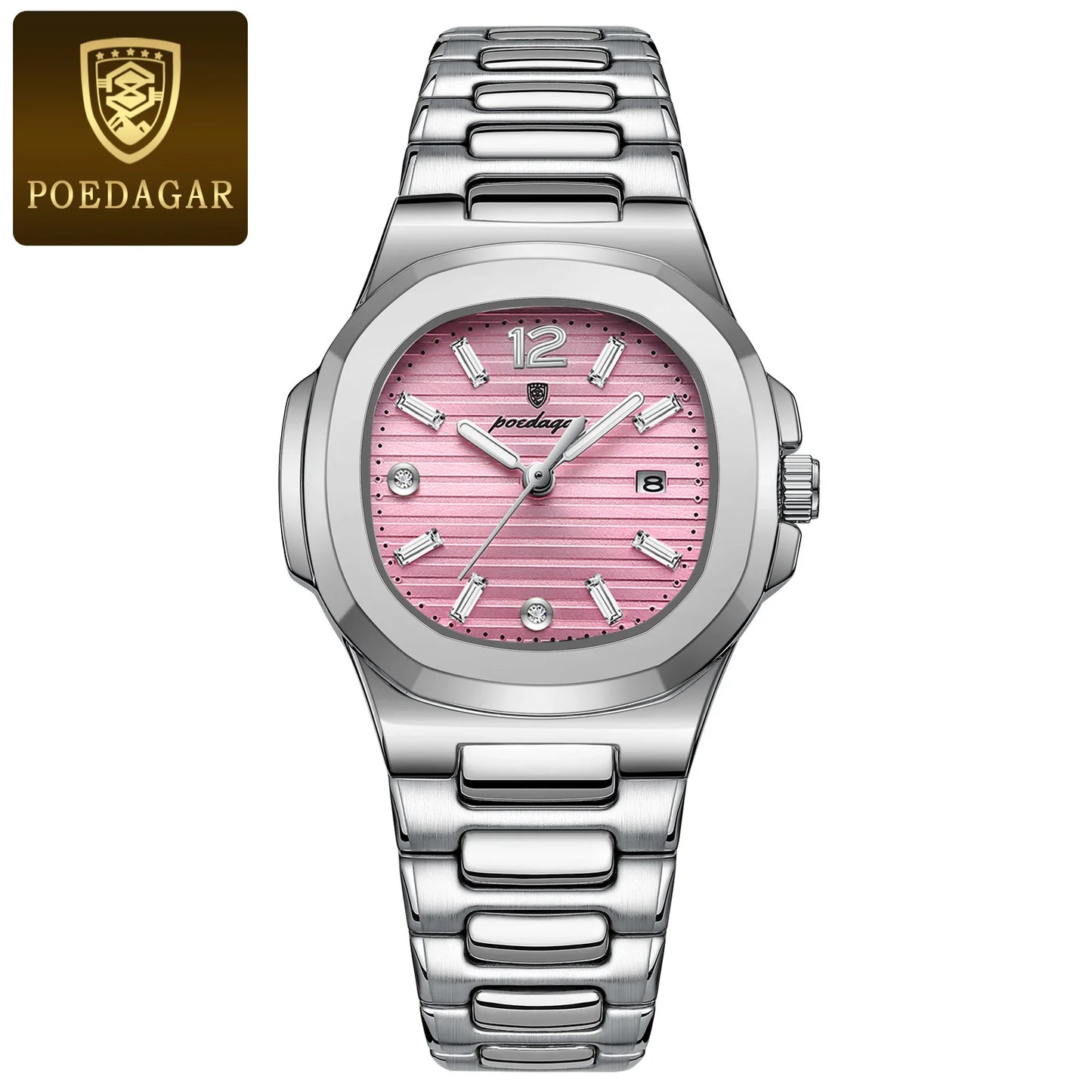 Eye Catching POEDAGAR 789S-WH — Women's Square Watch, Looks Far More Expensive Than Its Price, Luminous & Date [Silver & Rose Gold Options]