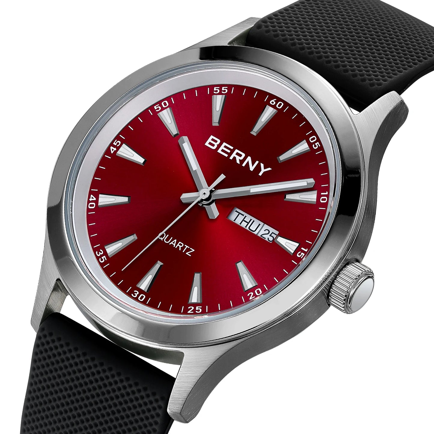 Beautiful  BERNY Everyday Watch — Complete Calendar, Genuine Japanese Movement, Silicone Strap