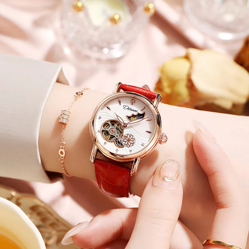 Enchanting Moon Phase Automatic Watch — Open Case Back, Stainless Steel, Ladies Mechanical Watch [Metal & Leather Strap Options]