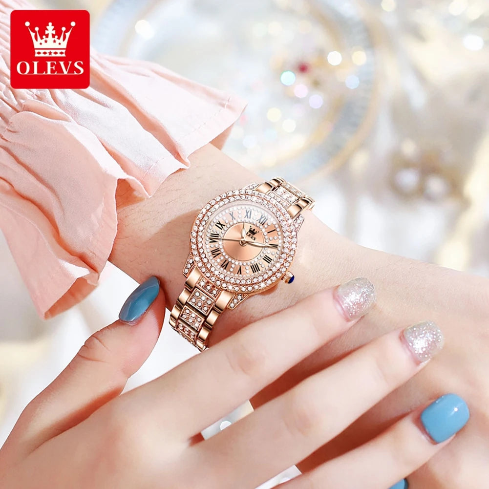 Striking OLEVS Roman Dial Watch — Sparkling Crystal Accents, Luminous Hands, Ladies Quartz Watch