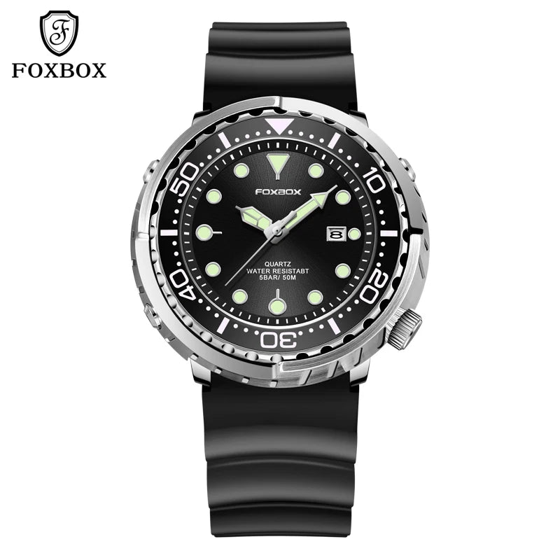 FOXBOX Shrouded Dive Watch — 50m Water Resistant, Auto Date, Luminous [Silicone & Metal Strap / Colour Options]