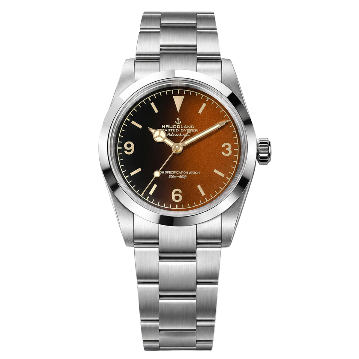 HRUODLAND HG029 36mm automatic field watch, Retro Brown dial, steel bracelet