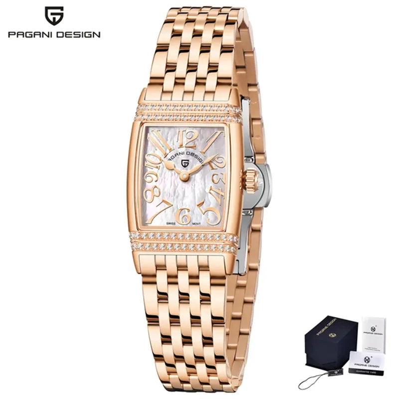Stunning Pagani Design PD-1737L — Women's Rectangle Watch, Stone-Set Case, Swiss Ronda Movement [Rose Gold / Silver Colour Options]
