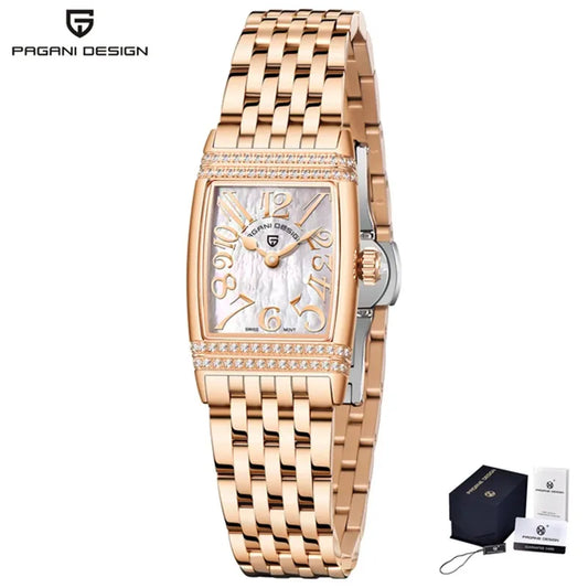 Stunning Pagani Design PD-1737L — Women's Rectangle Watch, Stone-Set Case, Swiss Ronda Movement [Rose Gold / Silver Colour Options]