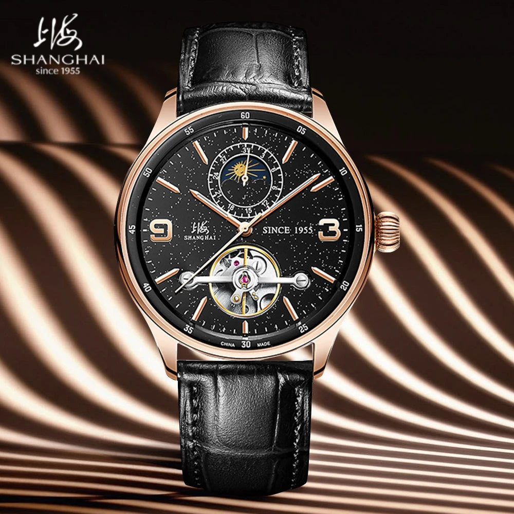 Shanghai S8950 — Starry Sky Open-Heart Automatic Watch, Day-Night Window, Seagull ST2571 Movement, Sapphire Crystal, 50M [Dial Options]