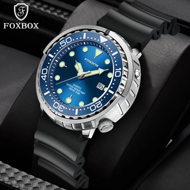 FOXBOX Shrouded Dive Watch — 50m Water Resistant, Auto Date, Luminous [Silicone & Metal Strap / Colour Options]