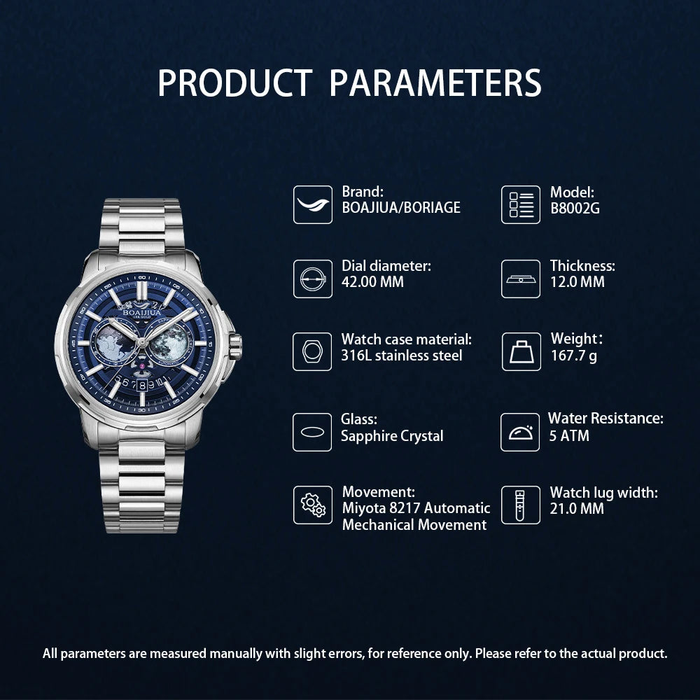 BORIAGE B8002G — Starry Sky Dial Automatic Watch, Sapphire Crystal, Complete Calendar [Colour Options]