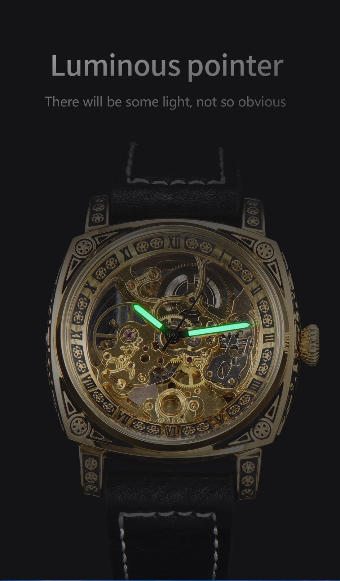 Skeleton Engraved Watch — Automatic Movement, Exhibition Case Back, Leather Strap  [Colour & Case Options]