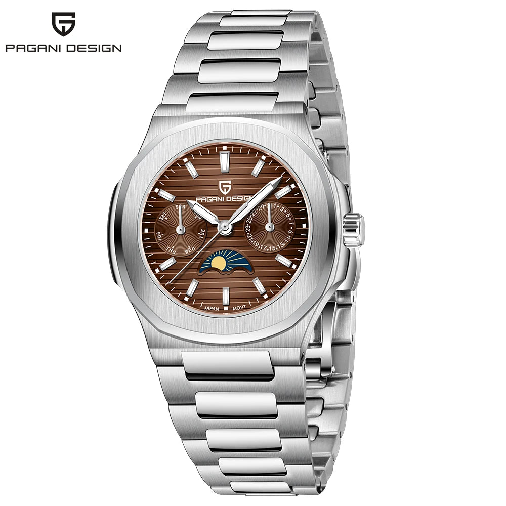 Stand Out Pagani Design PD-1786 — Women's Quartz Watch, Moon Phase & Day-Date, Ceramic Bezel [Multiple Colour Options]