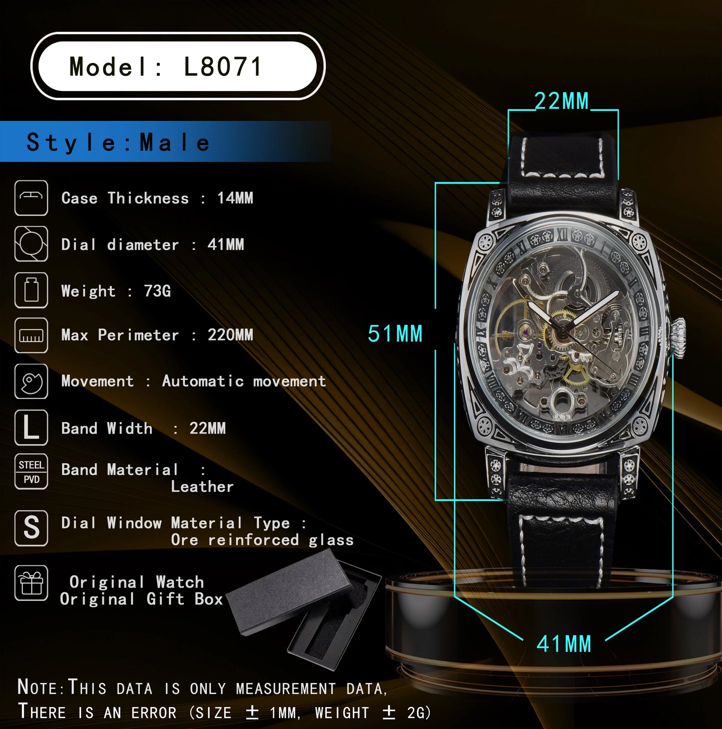 Skeleton Engraved Watch — Automatic Movement, Exhibition Case Back, Leather Strap  [Colour & Case Options]