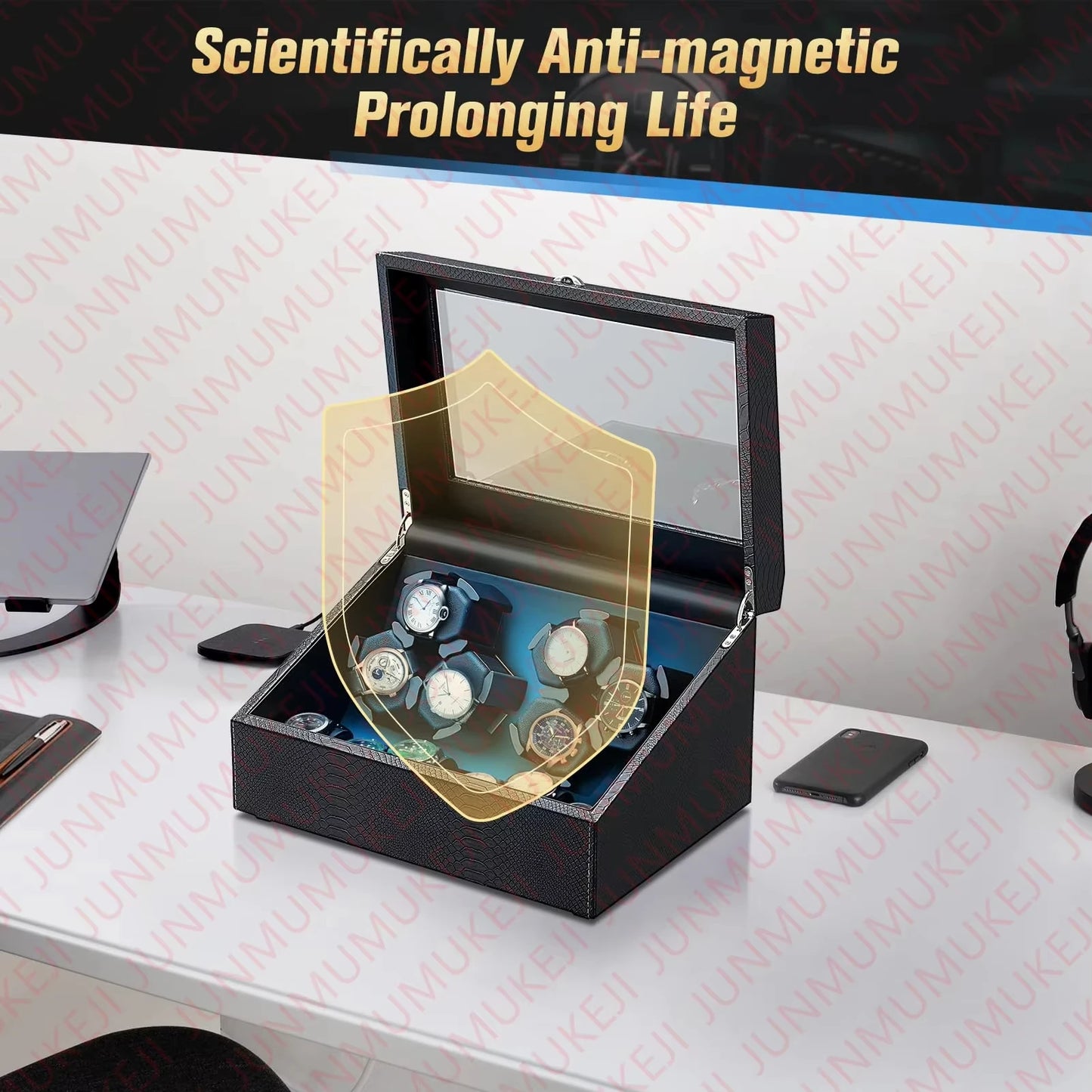 A Home Fit for a Collection — 6-Watch USB Winder, PU Leather Rotating Display USB Power