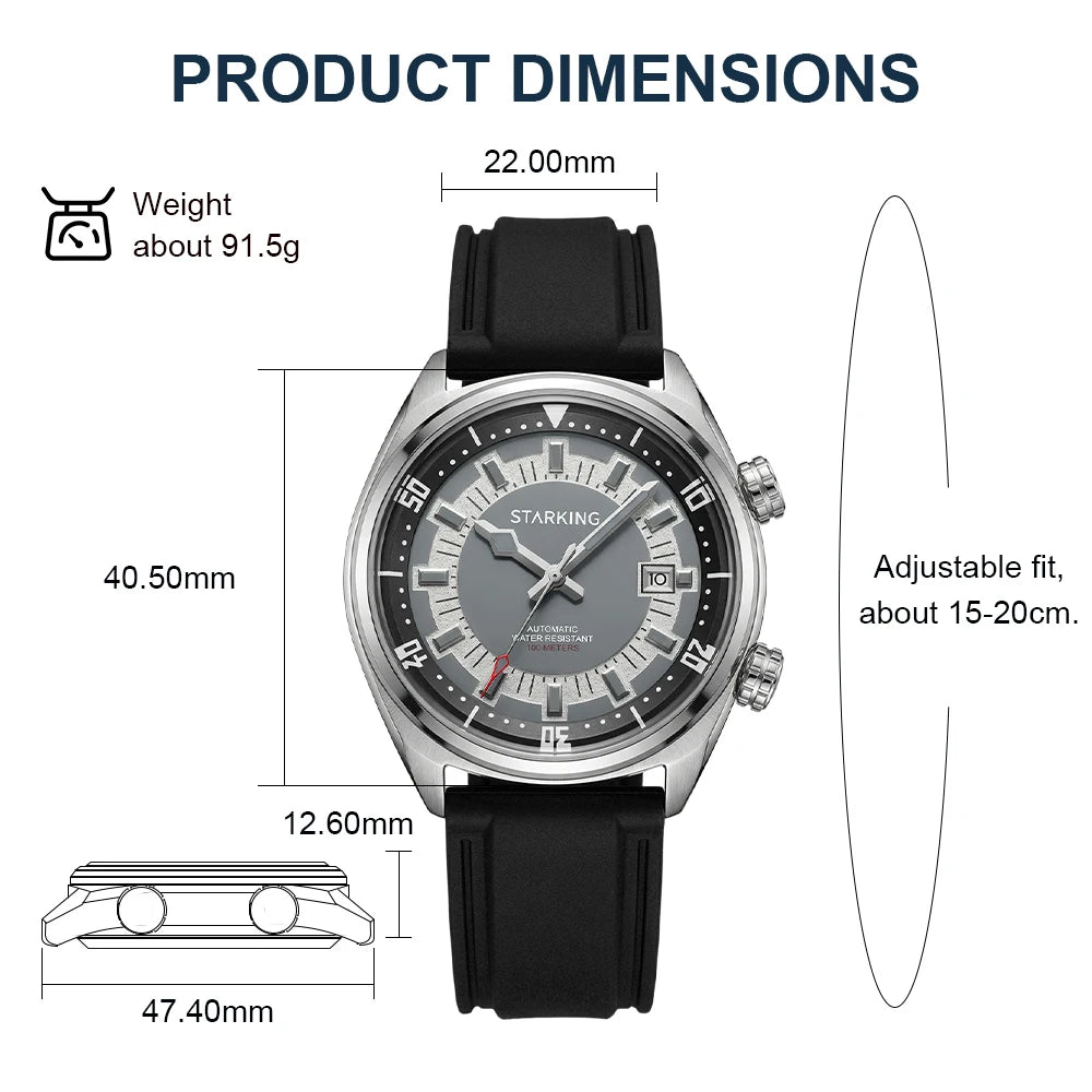 STARKING AM0603 Automatic Dive Watch: Japanese Miyota 8215, Hardlex Crystal, 100m Water Resistant, Silicone Strap, Date Window [Colour Options]