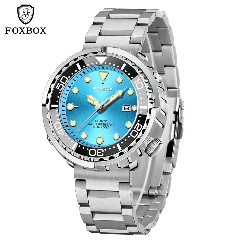 FOXBOX Shrouded Dive Watch — 50m Water Resistant, Auto Date, Luminous [Silicone & Metal Strap / Colour Options]
