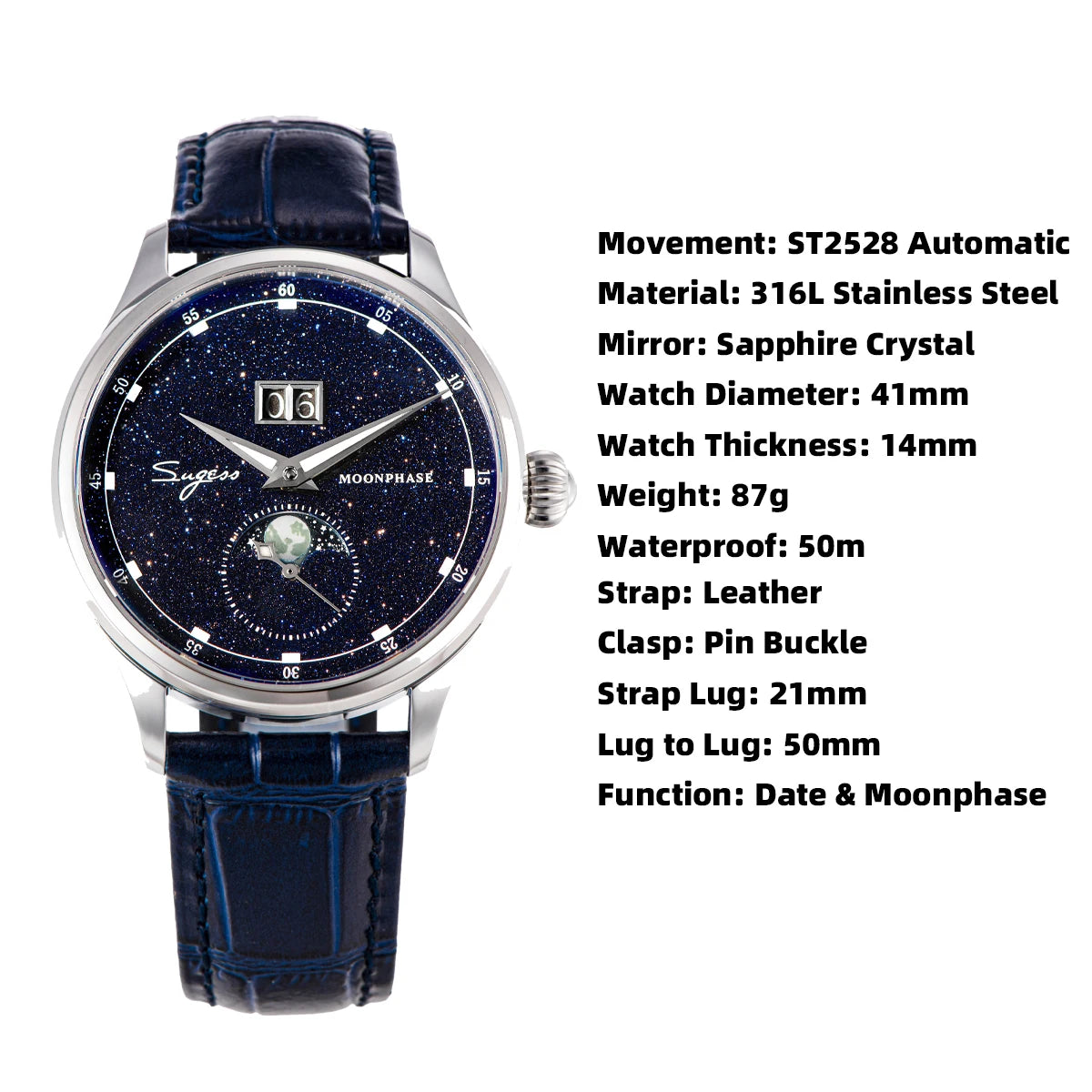 Your Average Moonphase Watch— Stunning Sugess Star Dial Automatic, Sapphire Crystal [Strap & Colour Options]