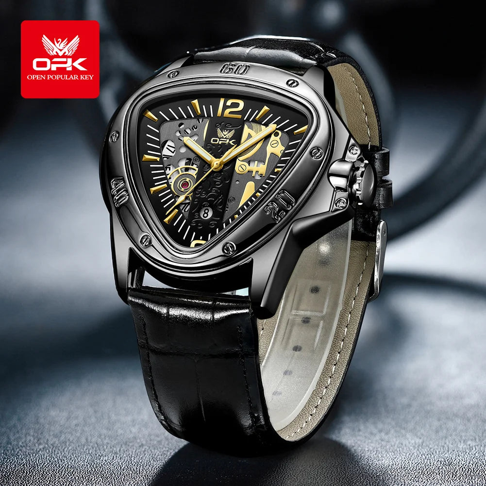 OPK Mens — Alien Style Triangle Case Watch, Bold Large Dial, Complete Calendar [Colour Options]