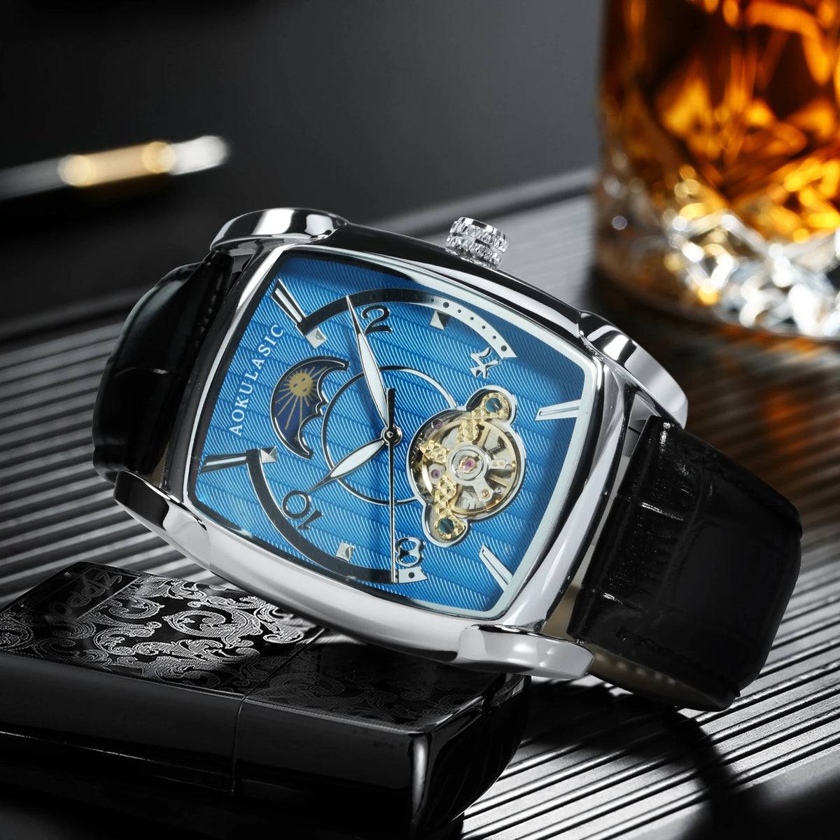 Mens Tonneau Automatic Fashion Watch – Rectangular Case, Open Heart Moonphase-Style Dial, Leather Strap – Break the Mould