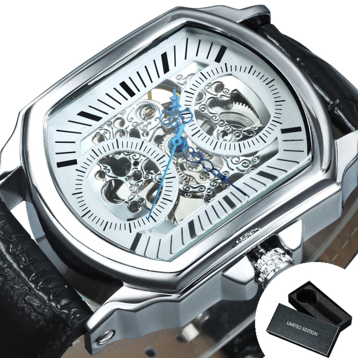 Bold Rectangle Skeleton Automatic Watch — Exhibition Case Back, Silver & White Dial
