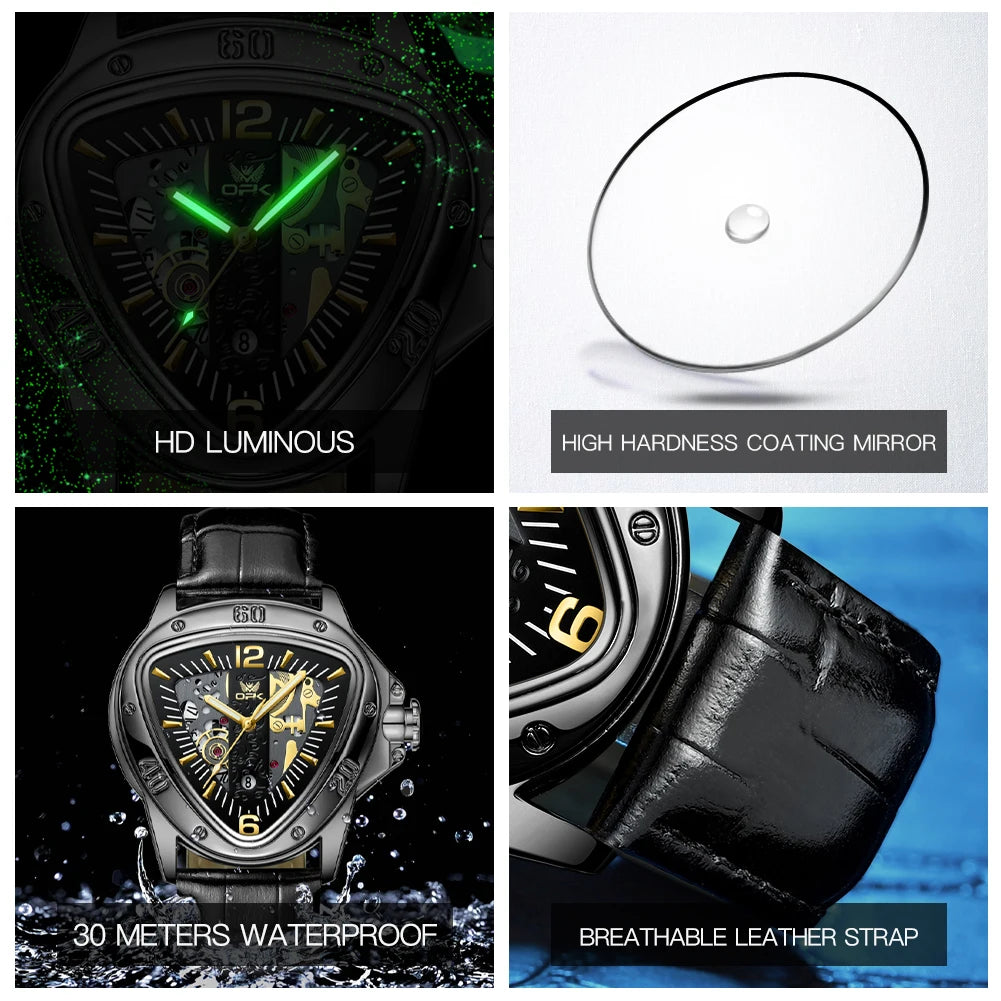 OPK Mens — Alien Style Triangle Case Watch, Bold Large Dial, Complete Calendar [Colour Options]
