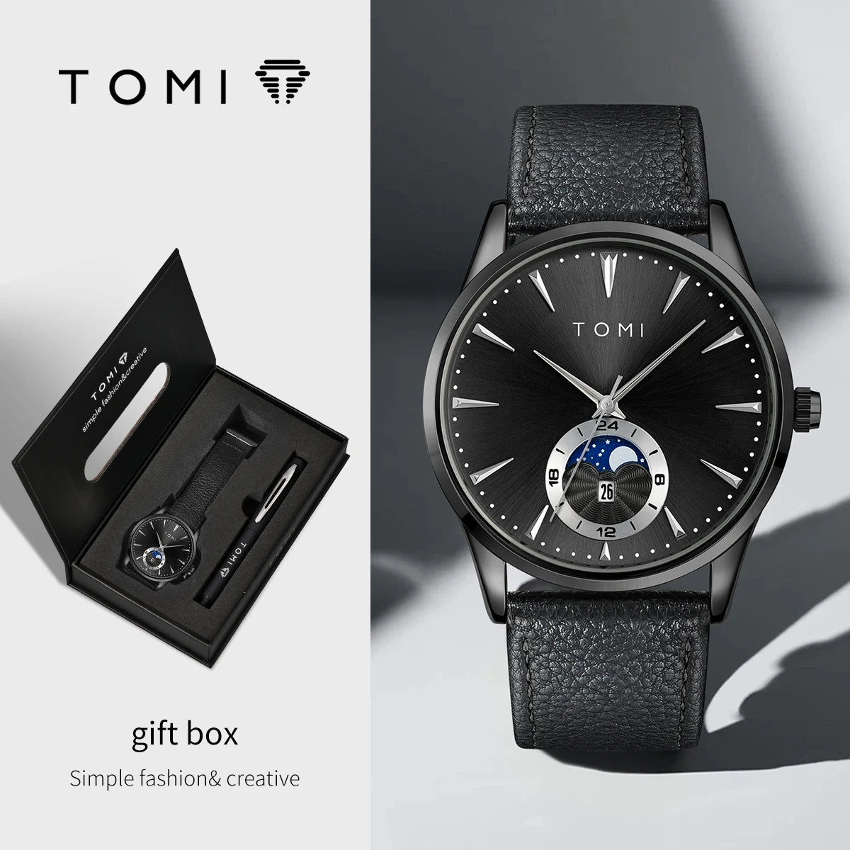 TOMI Men's Watch & Pen Gift Set — Sun & Moon Dial, Business Style, Boxed for Gifting [Colour Options]