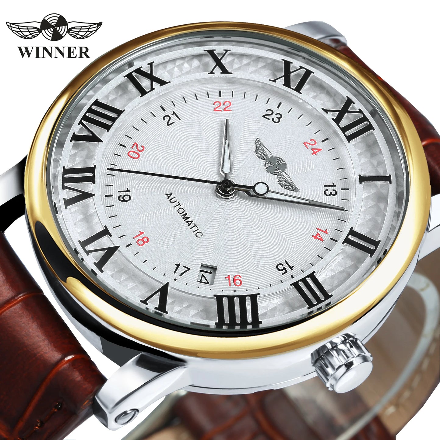 Classic Airship Style Automatic Fashion Watch — Brown Leather Strap, Minimalist Dial