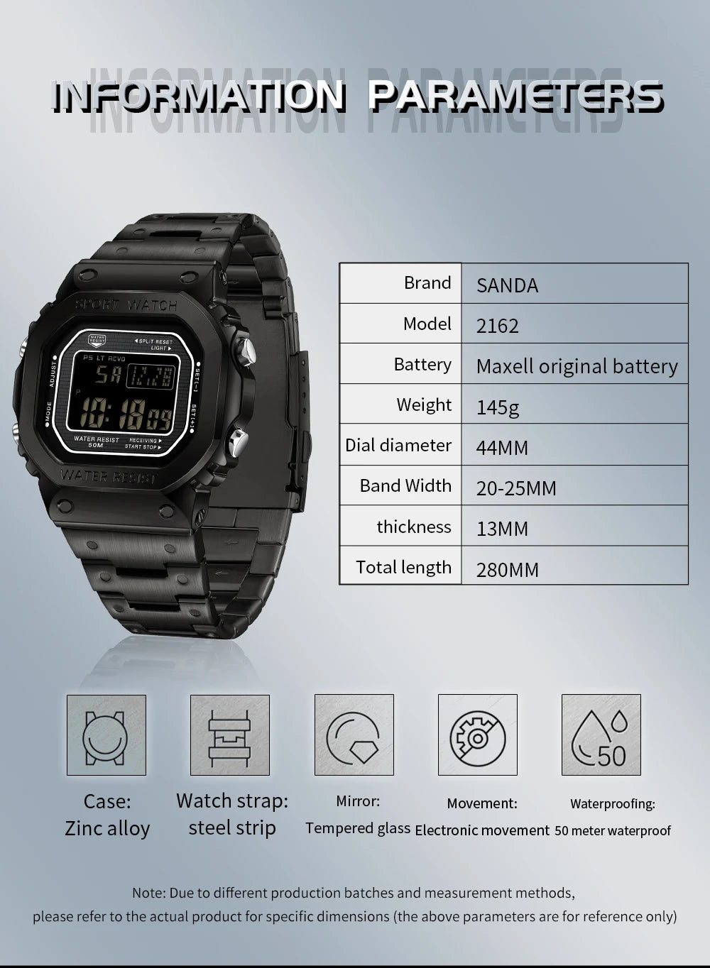 SANDA 2162 — Sports LED Digital Watch, Countdown, Alarm, Stopwatch, Night Light, 50M Water Resistant [Colour Options]