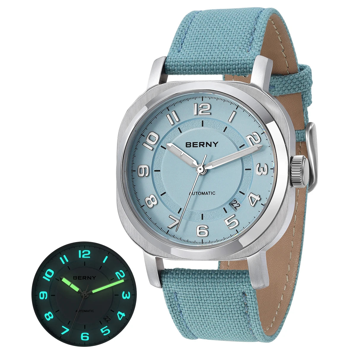 Head Turning BERNY Automatic — Women's Pillow Cushion Watch, Automatic Movement, Sapphire, Canvas Strap
