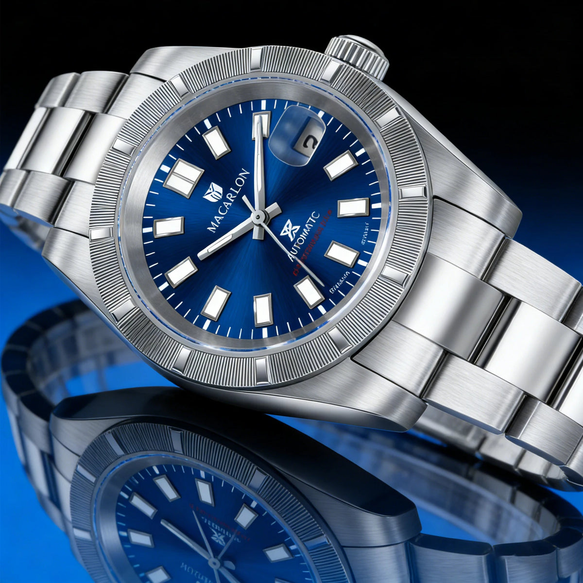 MACARLON 38mm Automatic Watch, Sapphire Crystal, Steel Bracelet, 200m Water Resistant