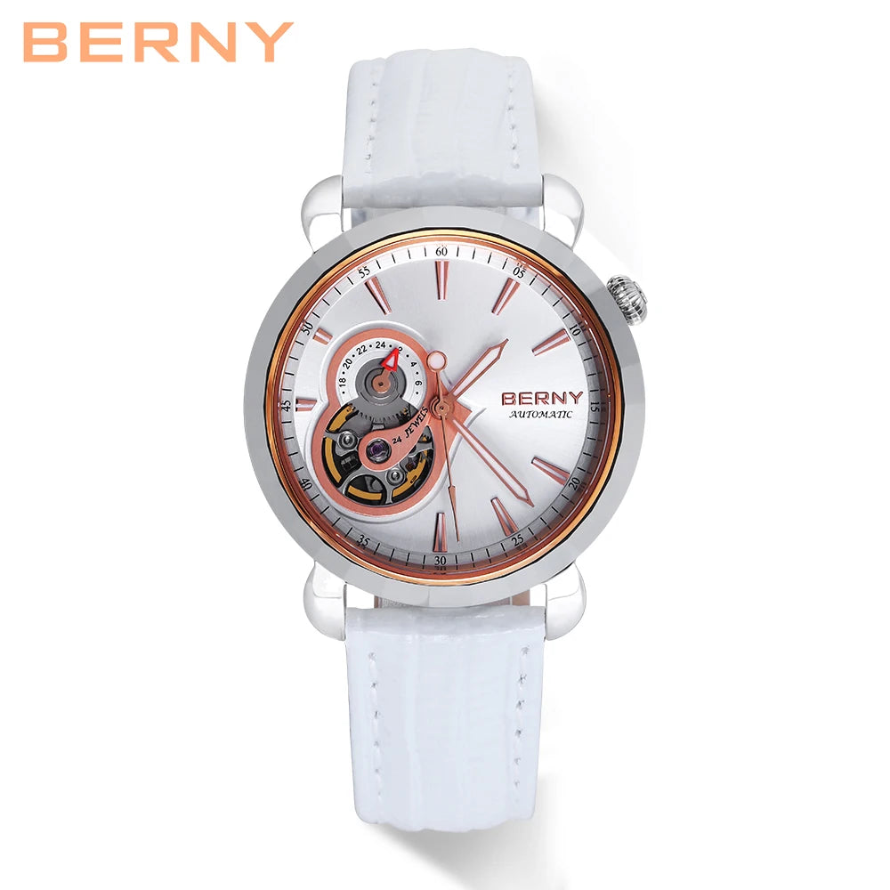 Beautiful BERNY AM107L — Women's Open Heart Automatic Watch, 24 Jewels, Genuine Leather Strap, Sapphire