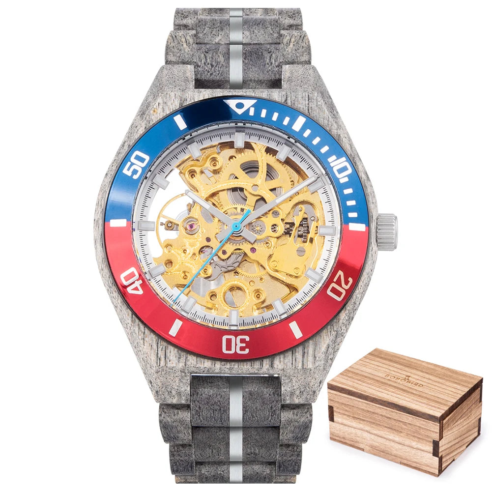 BOBO BIRD Wooden Skeleton Watch – Automatic Mechanical Men's Watch, Genuine Wood Case & Strap, Gift Box Included – The Natural Choice